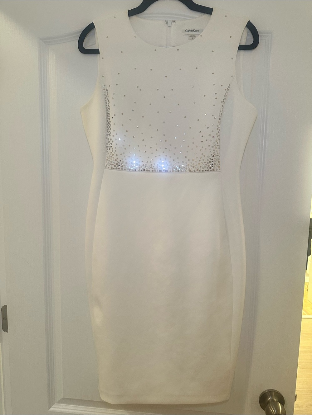 Calvin Klein White Sleeveless Midi Dress with Crystal Accents